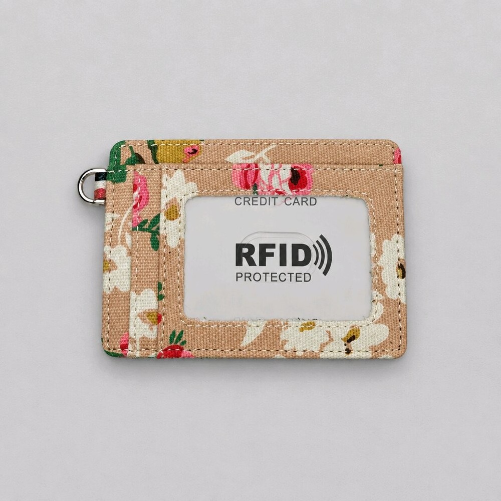 Floral Pattern RFID Protected Card Holder Wallet Beige Canvas